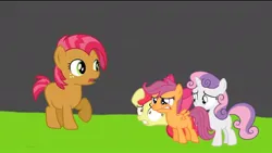 Size: 1072x606 | Tagged: safe, artist:hako33, derpibooru import, edit, apple bloom, babs seed, scootaloo, sweetie belle, earth pony, pegasus, pony, unicorn, one bad apple, spoiler:s03, amazed, female, females only, image, jpeg, land, scared, simple background