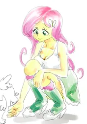 Size: 1285x1815 | Tagged: safe, artist:cocomorinewoo, derpibooru import, fluttershy, spike, spike the regular dog, dog, human, equestria girls, breasts, busty fluttershy, cleavage, duo, duo male and female, female, image, jpeg, looking down, male, simple background, solo focus, white background