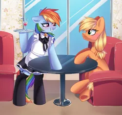 Size: 1746x1638 | Tagged: safe, artist:freyamilk, derpibooru import, applejack, rainbow dash, earth pony, pegasus, pony, appledash, apron, bipedal, clothes, drink, duo, duo female, female, floppy ears, grin, image, jpeg, lesbian, looking at each other, looking at someone, mare, serving tray, shipping, smiling, smiling at each other, socks, stockings, table, thigh highs, waitress