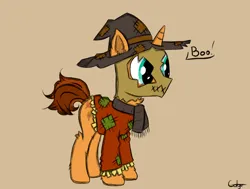Size: 746x564 | Tagged: safe, artist:gotyx96, derpibooru import, oc, oc:autumn falls, unofficial characters only, pony, unicorn, clothes, costume, ear fluff, halloween, halloween costume, holiday, image, male, nightmare night, nightmare night costume, png, ponytober, ponytober 2023, scarecrow, scarf, solo, solo male, stallion