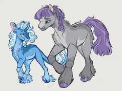 Size: 1280x956 | Tagged: safe, artist:drniaraz, derpibooru import, maud pie, trixie, earth pony, pony, unicorn, female, gray background, height difference, image, lesbian, looking at each other, looking at someone, missing accessory, missing cutie mark, png, ship:mauxie, shipping, simple background