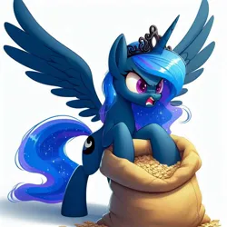 Size: 1024x1024 | Tagged: safe, derpibooru import, machine learning generated, princess luna, alicorn, pony, ai content, angry, bag, female, food, generator:bing image creator, generator:dall-e 3, image, jewelry, jpeg, luna eats oats, mare, oats, prompter:k.r.e.d.k.e, regalia, spread wings, wings, wrong eye color, yelling