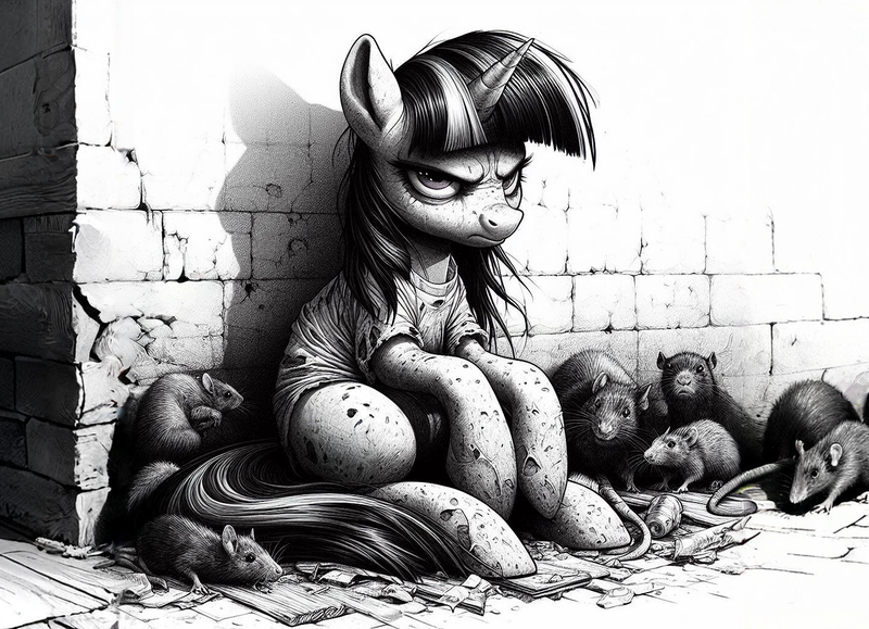 Size: 1416x1024 | Tagged: safe, ai content, derpibooru import, machine learning generated, prompter:yuduz367, twilight sparkle, twilight sparkle (alicorn), alicorn, pony, rat, g4, anatomically correct, angry, animal, black and white, clothes, cute, detailed, digital art, female, generator:bing image creator, generator:dall-e 3, grayscale, homeless, homeless twilight, image, looking at you, mane, mare, monochrome, nudity, png, prompt in description, quality, realistic, scope, simple background, sitting, solo, vulva, wall, white background