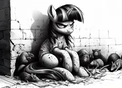 Size: 1416x1024 | Tagged: safe, derpibooru import, machine learning generated, twilight sparkle, twilight sparkle (alicorn), alicorn, pony, rat, ai content, anatomically correct, angry, animal, black and white, clothes, cute, detailed, digital art, female, g4, generator:bing image creator, generator:dall-e 3, grayscale, homeless, image, looking at you, mane, mare, monochrome, nudity, png, prompt in description, quality, realistic, scope, simple background, sitting, solo, vulva, wall, white background