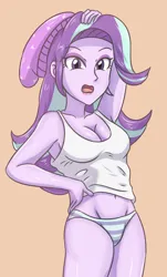 Size: 1675x2775 | Tagged: suggestive, artist:sumin6301, derpibooru import, starlight glimmer, human, equestria girls, beanie, belly button, breasts, busty starlight glimmer, cleavage, clothes, eyeshadow, hand on head, hat, image, jpeg, legs, looking at you, makeup, midriff, open mouth, panties, shirt, sideboob, sleeveless, underwear