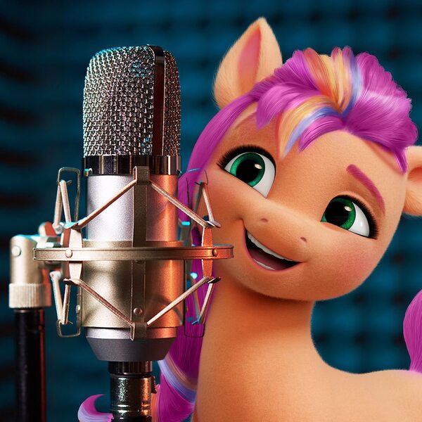 Size: 1080x1080 | Tagged: safe, derpibooru import, official, sunny starscout, earth pony, pony, g5, my little pony: a new generation, my little pony: make your mark, female, image, irl, jpeg, mare, microphone, open mouth, open smile, photo, ponies in real life, recording studio, smiling, solo
