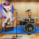 Size: 1080x1080 | Tagged: safe, derpibooru import, official, hitch trailblazer, zipp storm, earth pony, pegasus, pony, g5, my little pony: a new generation, my little pony: make your mark, cymbals, drums, duo, duo male and female, female, flying, grin, image, irl, jpeg, keyboard, male, mare, microphone, musical instrument, open mouth, open smile, photo, ponies in real life, recording studio, smiling, spread wings, stallion, wings