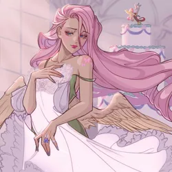 Size: 4092x4092 | Tagged: safe, artist:luverihu, derpibooru import, discord, fluttershy, draconequus, human, pegasus, alternative cutie mark placement, breasts, cake, cake topper, clothes, cutie mark on human, dress, engagement ring, female, food, getting dressed, humanized, implied discoshy, implied shipping, implied straight, jewelry, jpeg, long hair, male, ring, shoulder cutie mark, solo, spread wings, wedding cake, wedding dress, winged humanization, wings
