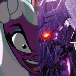 Size: 1080x1080 | Tagged: safe, derpibooru import, edit, alicorn, robot, g5, my little pony: tell your tale, cybertronian, decepticon, image, jpeg, male, opaline arcana, photo, tarn, transformers, two sided posters, two sides