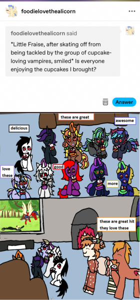 Size: 1171x2497 | Tagged: safe, artist:ask-luciavampire, derpibooru import, oc, alicorn, earth pony, pegasus, pony, undead, unicorn, vampire, vampony, ask, cupcake, food, image, png, tumblr