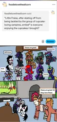 Size: 1171x2497 | Tagged: safe, artist:ask-luciavampire, derpibooru import, oc, alicorn, earth pony, pegasus, pony, undead, unicorn, vampire, vampony, ask, cupcake, food, image, png, tumblr