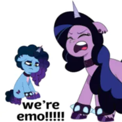 Size: 1212x1212 | Tagged: safe, artist:prixy05, derpibooru import, izzy moonbow, pony, unicorn, g5, my little pony: tell your tale, collar, duo, duo female, female, goth, goth izzy, goth misty, image, jpeg, low quality, mare, meme, misty brightdawn, simple background, text, we're emo, white background