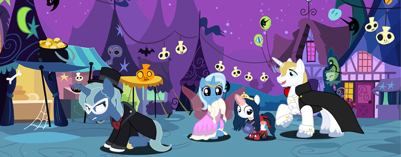 Size: 3560x1392 | Tagged: safe, artist:marbowsta, derpibooru import, prince blueblood, trixie, bluetrix, family, female, image, male, nightmare night, offspring, parent:prince blueblood, parent:trixie, parents:bluetrix, png, shipping, straight