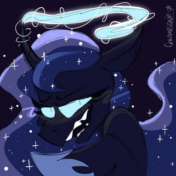 Size: 2048x2048 | Tagged: safe, artist:galaxysquid, derpibooru import, princess luna, pony, bust, evil, evil grin, eye mist, grin, image, jpeg, lidded eyes, magic, portrait, smiling, solo