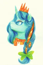 Size: 2180x3288 | Tagged: safe, artist:equmoria, derpibooru import, alicorn, pony, :/, barely pony related, bow, bust, crown, eyeshadow, hair bow, image, jewelry, jpeg, makeup, marker drawing, melowy, mixed media, necklace, portrait, regalia, solo, sparkles, traditional art