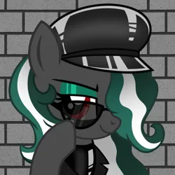 Size: 700x700 | Tagged: safe, artist:jennieoo, derpibooru import, oc, oc:messer, pegasus, pony, avatar, brick wall, commission, freckles, glasses, icon, image, latex, looking at you, pfp, png, rubber, simple background, smiling, smiling at you, solo, vector