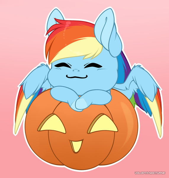 Size: 1428x1500 | Tagged: safe, artist:volodyanocturne, derpibooru import, rainbow dash, pegasus, pony, chibi, commission, crossed hooves, eyes closed, feathered wings, female, halloween, holiday, image, jack-o-lantern, multicolored hair, pegasus wings, png, pumpkin, rainbow hair, simple background, smiling, solo, spread wings, wings, ych result