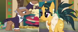 Size: 1960x800 | Tagged: safe, derpibooru import, edit, edited screencap, screencap, cleopatra jazz, unnamed character, unnamed pony, earth pony, pony, dungeons and discords, bowtie, clothes, coattails, crack shipping, cropped, ear piercing, earring, feather boa, female, image, jewelry, male, mare, necklace, piercing, png, shipping, shipping domino, stallion, straight, tuxedo
