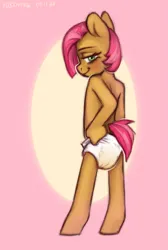 Size: 2133x3168 | Tagged: suggestive, artist:bloodymrr, derpibooru import, apple bloom, babs seed, scootaloo, sweetie belle, oc, oc:mlpry, anthro, earth pony, human, pony, friendship is magic, abdl, apple, apple family member, blushing, commission, cutie mark crusaders, diaper, diaper fetish, eyes closed, fetish, food, g4, green eyes, humanized, image, pink background, png, side view, simple background, sly, smiling, solo, standing, standing on two hooves, sweet apple acres, tricky, yellow background