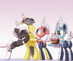 Size: 1999x1660 | Tagged: safe, artist:trackheadtherobopony, derpibooru import, oc, oc:onyx star, oc:silverstream, oc:thunder, oc:trackhead, pegasus, pony, robot, robot pony, birthday, cake, food, hat, image, party hat, png