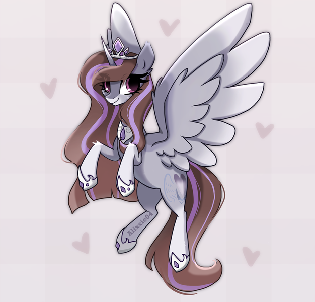 Size: 1950x1870 | Tagged: safe, artist:_alixxie_, derpibooru import, oc, unofficial characters only, alicorn, pony, alicorn oc, eye clipping through hair, female, horn, image, looking at you, mare, png, smiling, smiling at you, solo, spread wings, wings