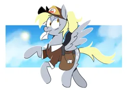Size: 1232x866 | Tagged: safe, artist:cassettepunk, derpy hooves, pegasus, pony, female, hat, image, letter in mouth, mail, mailbag, mailmare, mailmare hat, mailmare uniform, mare, mouth hold, png, solo, spread wings, wings