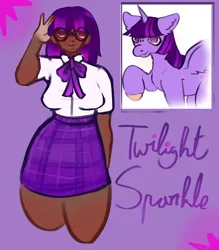 Size: 3500x4000 | Tagged: safe, artist:bloodymattress, derpibooru import, twilight sparkle, twilight sparkle (alicorn), alicorn, human, pony, alternate hairstyle, blackwashing, blushing, bowtie, breasts, busty twilight sparkle, clothes, cute, dark skin, female, glasses, humanized, image, mare, png, purple background, shirt, simple background, solo, twiabetes, unshorn fetlocks