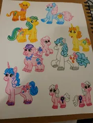Size: 3024x4032 | Tagged: safe, artist:mintwhistle, derpibooru import, part of a set, baby leafy, baby lucky leaf, buttons (g1), cupcake (g1), dainty dahlia, masquerade (g1), woolly, cow, earth pony, pegasus, pony, sheep, twinkle eyed pony, unicorn, g1, baby, baby fleecy, baby pony, baby woolly, bow, bowtie, calf, cloven hooves, colored hooves, crayon drawing, eyes closed, feathered fetlocks, female, freckles, image, jpeg, lamb, leg freckles, looking at each other, looking at someone, looking back, male, mare, one eye closed, open mouth, open smile, pony friends, puffy hair, raised hoof, ribbon, siblings, smiling, tail, tail bow, teeny sniffles, teeny snookums, traditional art, twins, unshorn fetlocks, wink