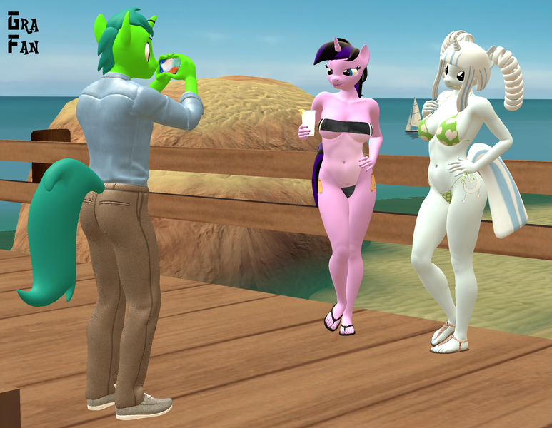 Size: 2473x1920 | Tagged: suggestive, artist:gradiusfanatic, derpibooru import, oc, oc:alan, oc:arctic flurry, oc:imagica, unofficial characters only, anthro, pony, unicorn, 3d, beach, bikini, censor bar, censored, clothes, female, gris swimsuit, horn, image, male, mobile phone, one-piece swimsuit, phone, photo, png, see-through, smartphone, source filmmaker, swimsuit, unicorn oc