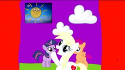 Size: 1080x603 | Tagged: safe, derpibooru import, screencap, scootaloo, twilight sparkle, oc, oc:aryanne, earth pony, pegasus, pony, unicorn, spoiler:everypony at the blanket, female, filly, foal, image, jpeg, rule 63, scooteroll