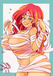Size: 1400x2000 | Tagged: suggestive, artist:sozglitch, derpibooru import, sunset shimmer, human, equestria girls, bandage, bedroom eyes, belly button, big breasts, border, breasts, busty sunset shimmer, female, floating heart, heart, huge breasts, image, jpeg, looking at you, mummy costume, plump, simple background, skindentation, smiling, smiling at you, solo, solo female, wandering nipples, white background