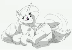 Size: 4096x2854 | Tagged: safe, artist:pabbley, derpibooru import, princess celestia, alicorn, pony, butt, dock, eye clipping through hair, female, grayscale, image, jpeg, looking back, lying down, mare, monochrome, partial color, plot, side, simple background, solo, sunbutt, tail, white background