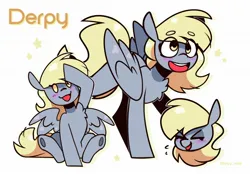 Size: 2048x1426 | Tagged: safe, artist:lrusu, derpibooru import, derpy hooves, pegasus, pony, :d, beanbrows, blush sticker, blushing, chest fluff, eyebrows, eyes closed, folded wings, image, jpeg, multeity, open mouth, open smile, salute, simple background, sitting, smiling, solo, spread wings, stars, white background, wings, xd