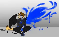 Size: 2048x1292 | Tagged: safe, artist:lrusu, derpibooru import, oc, oc:sunny (lrusu), unofficial characters only, anthro, plantigrade anthro, anthro oc, bleeding, blood, blue blood, closed mouth, clothes, colored wings, eyes closed, floppy ears, gray background, hoodie, image, jpeg, pants, shirt, shoes, simple background, sitting, smiling, solo, symbolism, wings