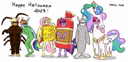 Size: 2048x988 | Tagged: safe, artist:lrusu, derpibooru import, applejack, fluttershy, pinkie pie, princess celestia, rainbow dash, rarity, twilight sparkle, alien, anthro, cockroach, earth pony, insect, pegasus, pony, seal, unguligrade anthro, unicorn, blushing, bread costume, cheese, cheese costume, closed mouth, clothes, costume, crown, eyes closed, eyeshadow, female, food, food costume, g4, grin, group, halloween, halloween costume, holiday, hoof shoes, image, implied princess celestia, jewelry, jpeg, makeup, mane six, mare, peytral, pony costume, regalia, sextet, simple background, smiling, standing, sunglasses, thumbs up, tiara, unamused, white background