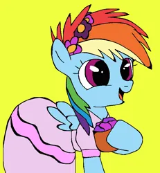 Size: 736x795 | Tagged: safe, artist:mojo1985, derpibooru import, rainbow dash, pegasus, pony, age regression, clothes, cute, cuteness overload, dashabetes, dress, female, filly, flower, flower filly, flower girl, flower girl dress, flower in hair, foal, image, open mouth, open smile, png, rainbow dash always dresses in style, simple background, smiling, solo, solo female, yellow background, younger