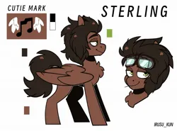 Size: 2048x1513 | Tagged: safe, artist:lrusu, derpibooru import, oc, oc:sterling, unofficial characters only, pegasus, pony, chest fluff, chin fluff, closed mouth, folded wings, goggles, goggles on head, green eyes, image, jpeg, lidded eyes, looking at you, pegasus oc, reference sheet, side view, simple background, smiling, solo, text, white background, wings