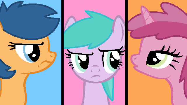 Size: 640x360 | Tagged: safe, artist:rain-approves, artist:sillylittleprincess, derpibooru import, first base, ruby pinch, earth pony, pegasus, pony, unicorn, adorabase, aura (g4), aura is not amused, aurabetes, base used, blue background, cute, female, first base is not amused, frown, g4, image, lidded eyes, mare, narrowed eyes, older, older aura (g4), older first base, older ruby pinch, orange background, pegasus first base, pinchybetes, pink background, png, race swap, ruby pinch is not amused, simple background, stare, trio, unamused