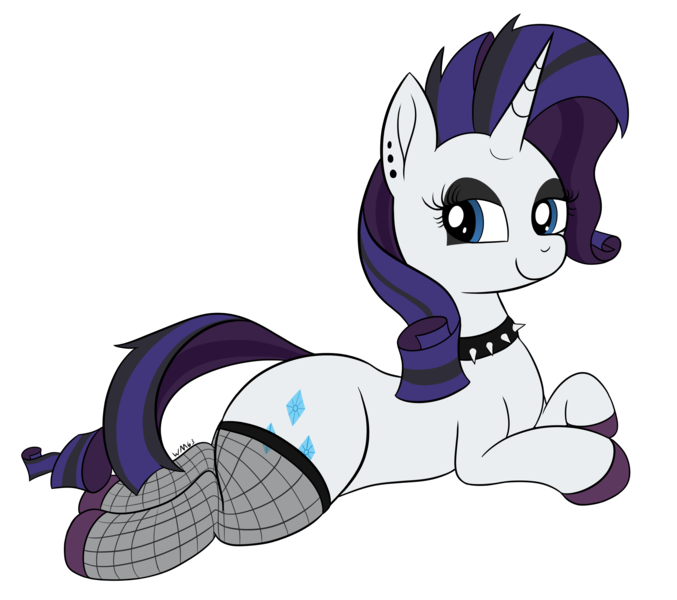 Size: 2820x2500 | Tagged: safe, artist:wapamario63, ponerpics import, ponybooru import, rarity, pony, unicorn, choker, clothes, ear piercing, earring, female, fishnets, goth, image, jewelry, lying down, mare, piercing, png, shoes, simple background, solo, transparent background