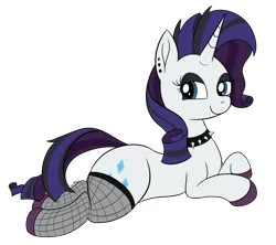 Size: 2820x2500 | Tagged: safe, artist:wapamario63, ponerpics import, ponybooru import, rarity, pony, unicorn, choker, clothes, ear piercing, earring, female, fishnets, goth, image, jewelry, lying down, mare, piercing, png, shoes, simple background, solo, transparent background