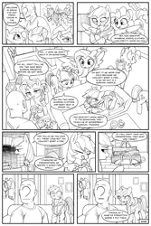 Size: 2400x3600 | Tagged: safe, artist:redruin01, derpibooru import, applejack, fluttershy, pinkie pie, rainbow dash, rarity, twilight sparkle, oc, oc:anon, human, pegasus, pony, comic:dashing through the snow, comic, image, monochrome, png