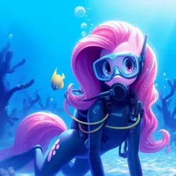 Size: 1024x1024 | Tagged: safe, derpibooru import, machine learning generated, fluttershy, anthro, pegasus, ai content, dive mask, flippers (gear), g4, generator:bing image creator, goggles, image, jpeg, oxygen tank, rebreather, scuba diving, scuba gear, scuba tank, underwater, water, wetsuit