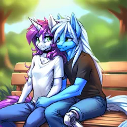 Size: 768x768 | Tagged: safe, artist:lord451, derpibooru import, machine learning assisted, oc, oc:cordial hearth, oc:orchid dream, unofficial characters only, anthro, earth pony, unicorn, ai content, amputee, bench, choker, clothes, denim, duo, duo male and female, ear fluff, female, generator:easyfluff v11.2, green eyes, holding hands, hug, image, jeans, looking at you, male, pants, park, park bench, png, prompter:lord451, prosthetic limb, prosthetics, shirt, smiling, t-shirt