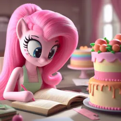 Size: 1024x1024 | Tagged: safe, derpibooru import, machine learning generated, pinkie pie, anthro, earth pony, ai content, book, cake, cookbook, cooking, female, food, generator:bing image creator, image, jpeg, prompter:deodorofloriano, solo