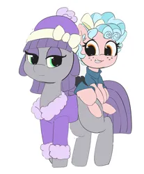 Size: 2215x2681 | Tagged: safe, artist:pabbley, color edit, derpibooru import, edit, cozy glow, maud pie, earth pony, pegasus, pony, clothes swap, colored, cozybetes, cute, duo, ear fluff, female, filly, foal, freckles, image, mare, maudabetes, png, simple background, solo, white background, winter clothes, wrong eye color