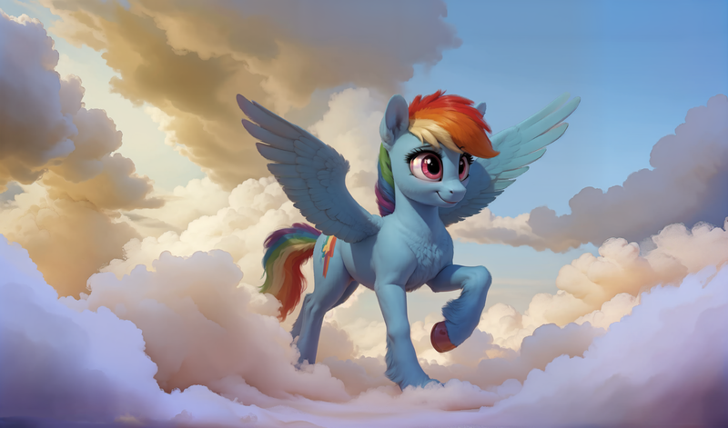 Size: 2448x1440 | Tagged: safe, derpibooru import, machine learning generated, rainbow dash, pegasus, pony, ai content, cloud, generator:queasyfluff, image, png, prompter:aiponyanon, solo, wings