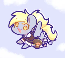 Size: 1814x1611 | Tagged: safe, artist:typhwosion, derpibooru import, derpy hooves, pegasus, pony, bag, chibi, female, flying, image, mailbag, mailmare, open mouth, open smile, png, ponytail, simple background, smiling, solo