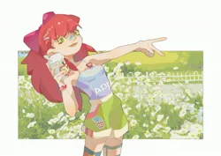 Size: 3508x2480 | Tagged: safe, artist:老人炖麻雀, derpibooru import, apple bloom, human, arched back, bandaid, bandaid on nose, bracelet, clothes, cup, daisy (flower), fence, flower, grass, hairpin, hand gesture, humanized, image, jewelry, jpeg, open mouth, pin, shorts, solo, straw, tanktop, wrong eye color