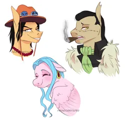 Size: 1280x1238 | Tagged: safe, artist:primrosepaper, derpibooru import, ponified, earth pony, pegasus, pony, bust, cigar, crocodile (one piece), eyes closed, female, floppy ears, grin, hat, image, male, mare, nefertari vivi, one piece, png, portgas d. ace, scar, simple background, smiling, stallion, trio, white background