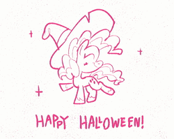 Size: 904x720 | Tagged: safe, artist:jimmyjamno1, derpibooru import, pinkie pie, earth pony, pony, animated, dancing, eyes closed, female, halloween, happy halloween, hat, holiday, image, loop, mare, monochrome, smiling, solo, sparkles, webm, witch hat